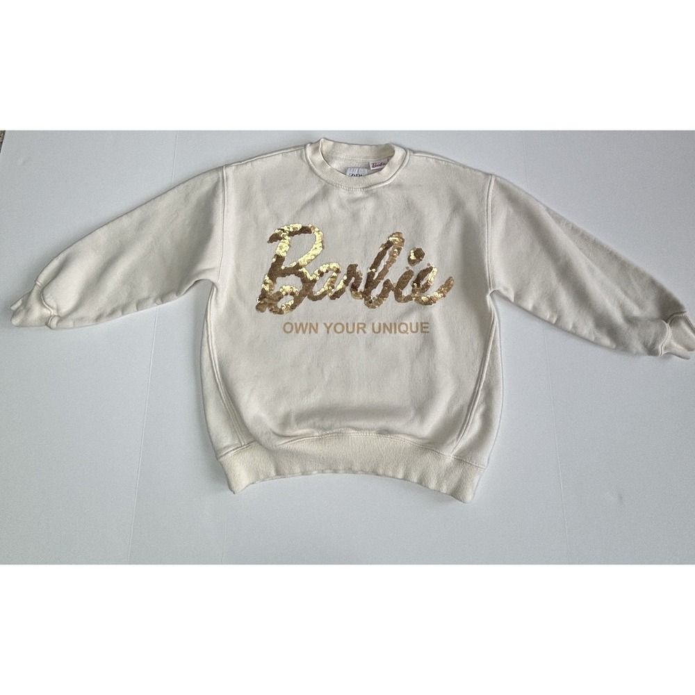 ZARA BARBIE Girls Sweatshirt Sequin Cream Beige Size 9-10
